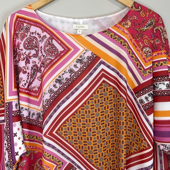Laura NWT Colorful Patchwork Print Top Tied Waist Flowy Boho 70s Vibe Size 8 - Picture 4 of 12